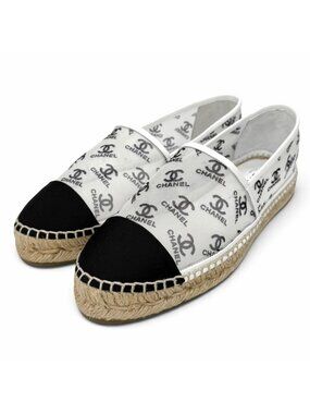 Chanel CC Logo Leather Use Mesh Espadrilles Slip-on White Black